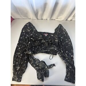 Urban Outfitters Black Floral Satin Smocked Crop Top Long Puff Sleeve Size M NEW